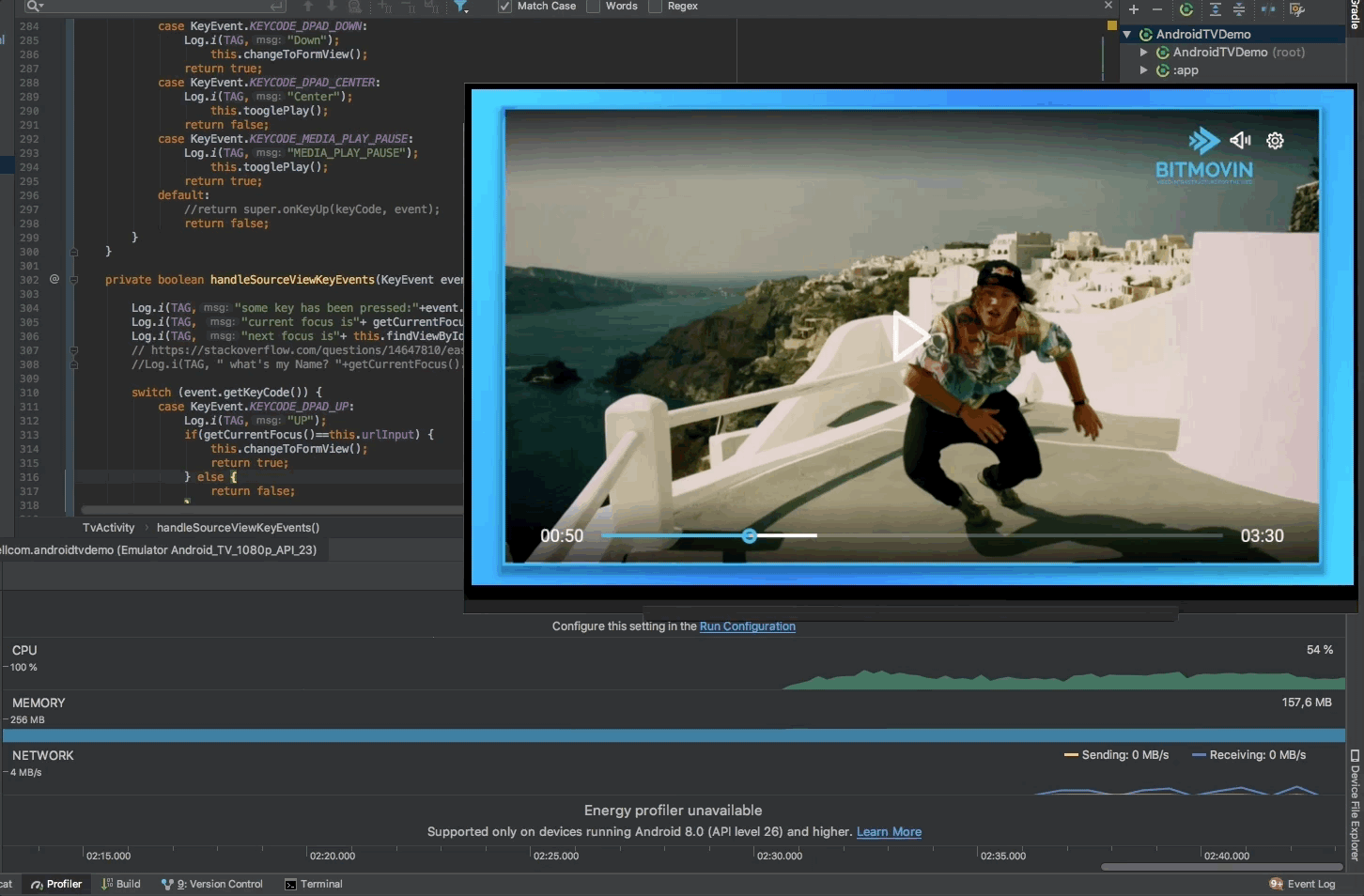 Android Studio showing emulator of Android TV app with network and CPU profiler